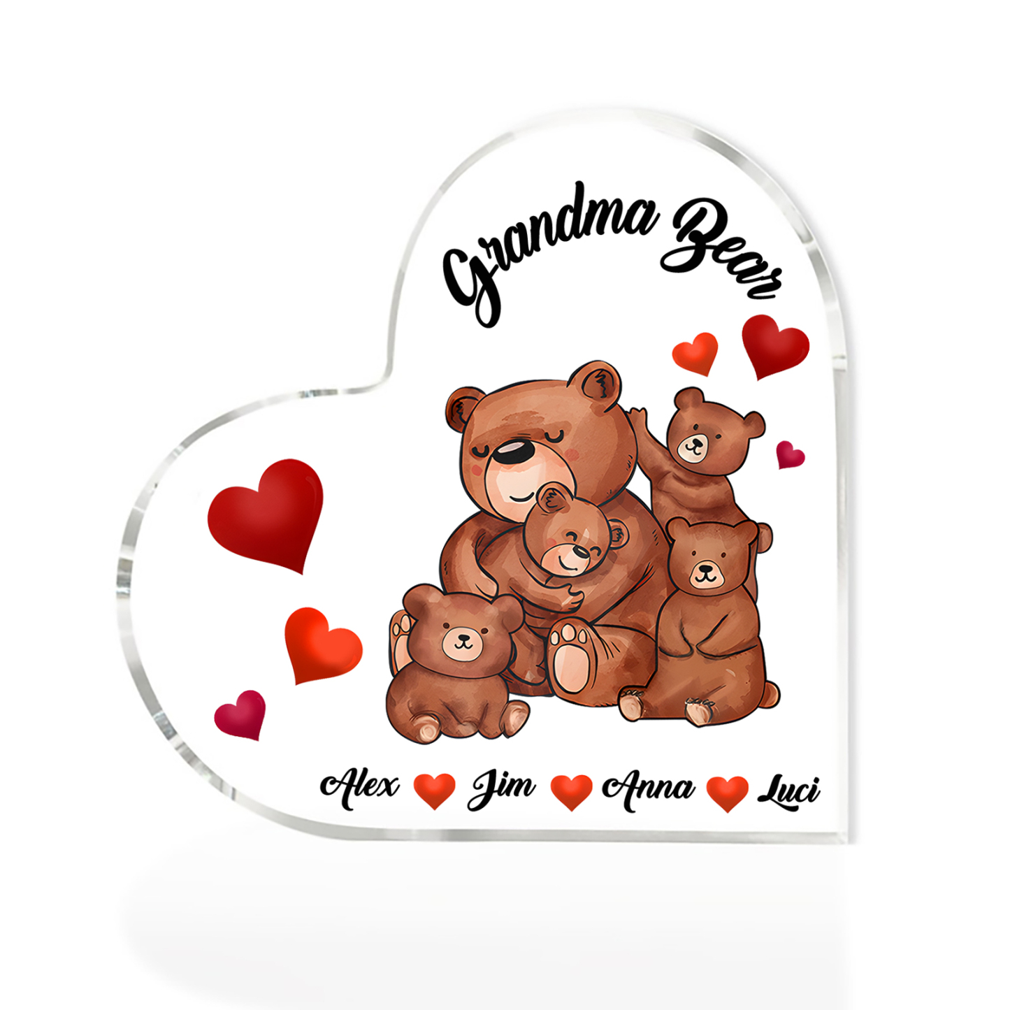 Personalised Heart-Shaped Acrylic Plaque Customizable with 4 Names and Text with Bear Design - For Nan | Jessmade