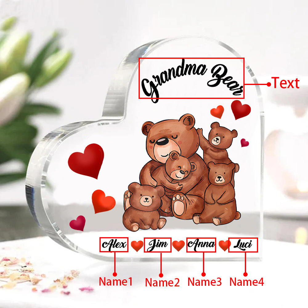 Personalised Heart-Shaped Acrylic Plaque Customizable with 4 Names and Text with Bear Design -  For Nan | Jessmade