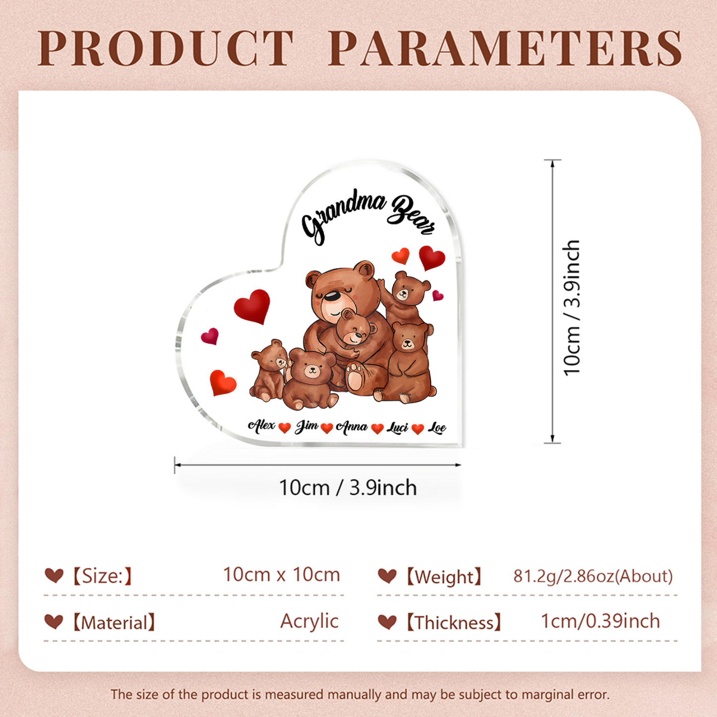 Personalised Heart-Shaped Acrylic Plaque Customizable with 5 Names and Text with Bear Design - For Nan | Jessmade