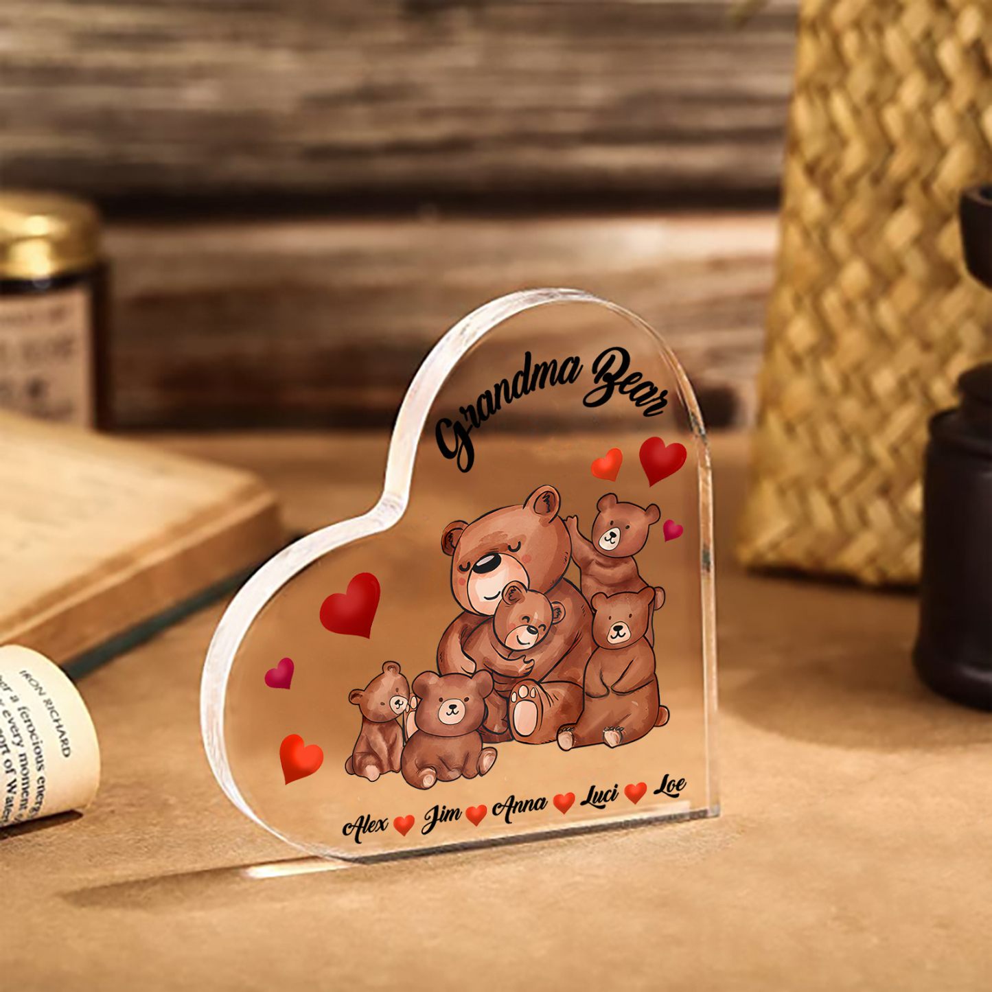Personalised Heart-Shaped Acrylic Plaque Customizable with 5 Names and Text with Bear Design - For Nan | Jessmade