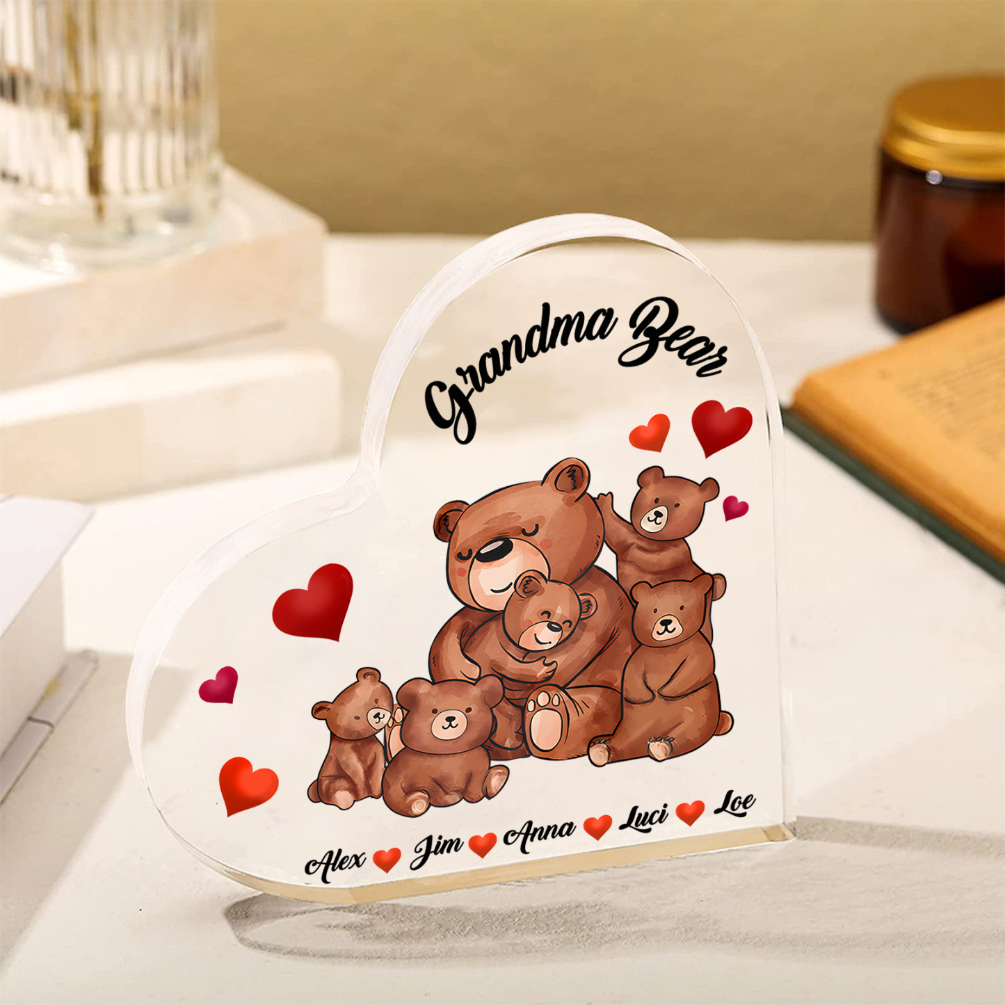 Personalised Heart-Shaped Acrylic Plaque Customizable with 5 Names and Text with Bear Design - For Nan | Jessmade