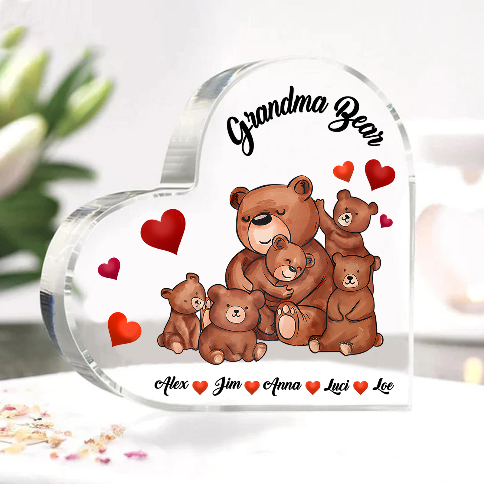 Personalised Heart-Shaped Acrylic Plaque Customizable with 5 Names and Text with Bear Design -  For Nan | Jessmade