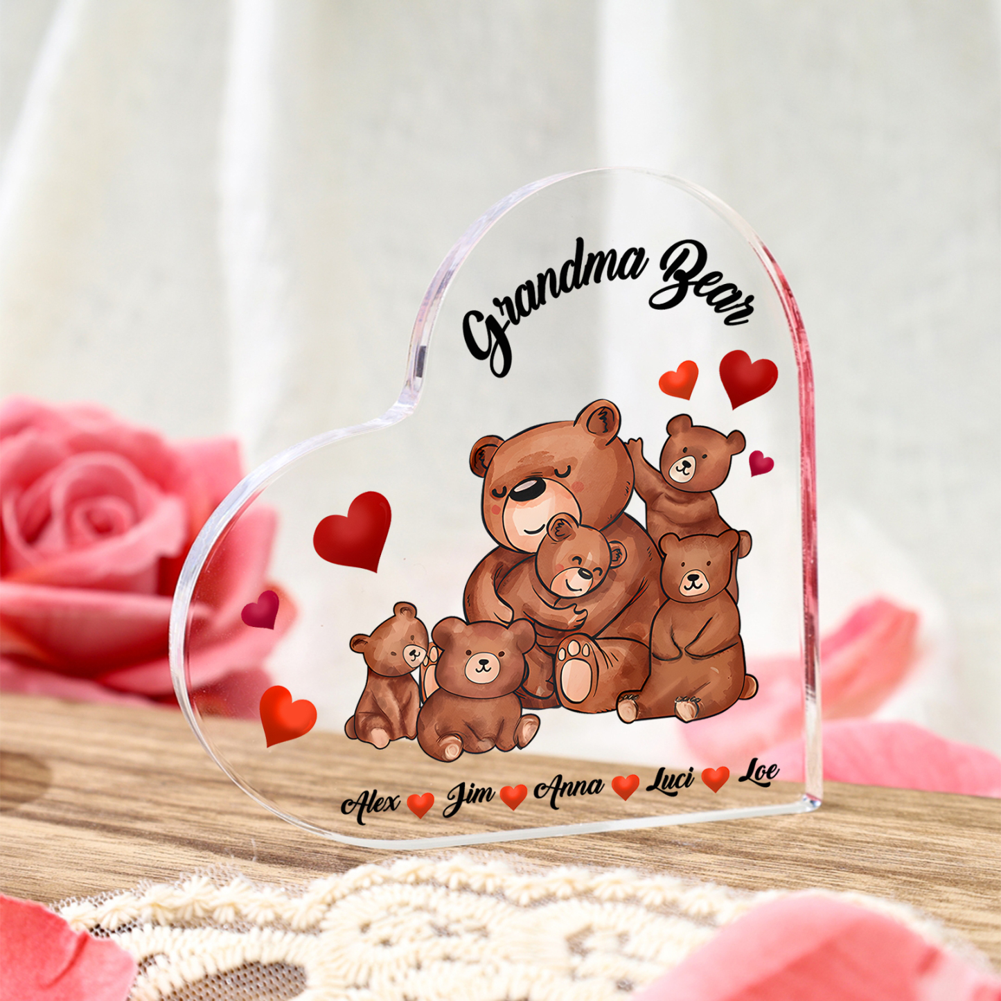 Personalised Heart-Shaped Acrylic Plaque Customizable with 5 Names and Text with Bear Design - For Nan | Jessmade