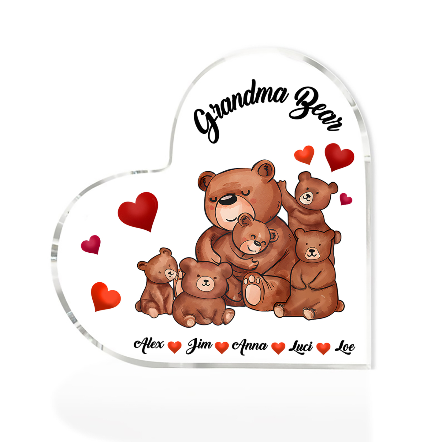 Personalised Heart-Shaped Acrylic Plaque Customizable with 5 Names and Text with Bear Design - For Nan | Jessmade