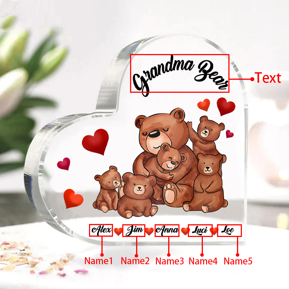 Personalised Heart-Shaped Acrylic Plaque Customizable with 5 Names and Text with Bear Design - For Nan | Jessmade