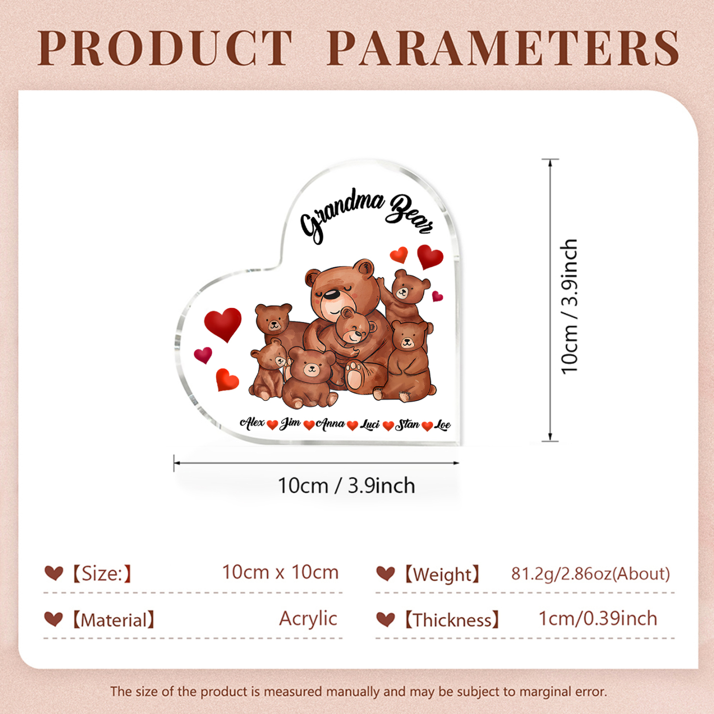 Personalised Heart-Shaped Acrylic Plaque Customizable with 6 Names and Text with Bear Design - For Nan | Jessmade