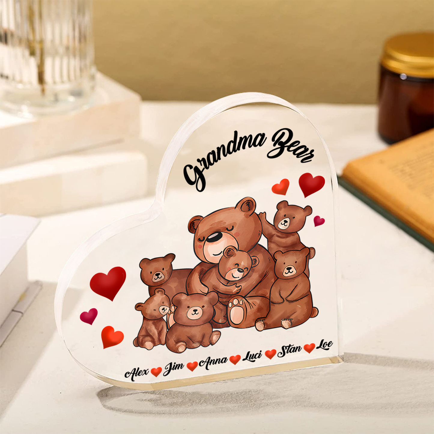 Personalised Heart-Shaped Acrylic Plaque Customizable with 6 Names and Text with Bear Design - For Nan | Jessmade