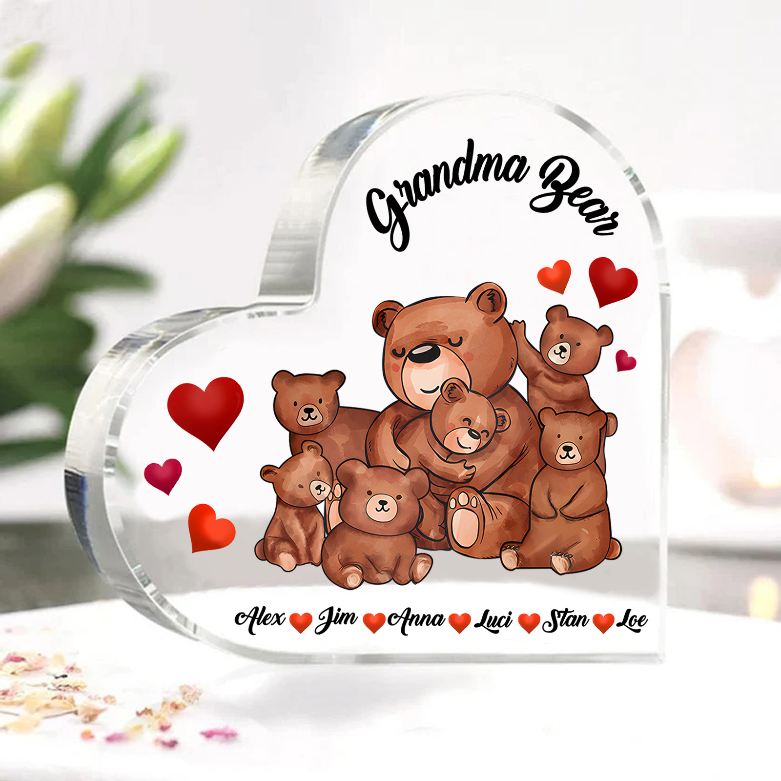 Personalised Heart-Shaped Acrylic Plaque Customizable with 6 Names and Text with Bear Design -  For Nan | Jessmade