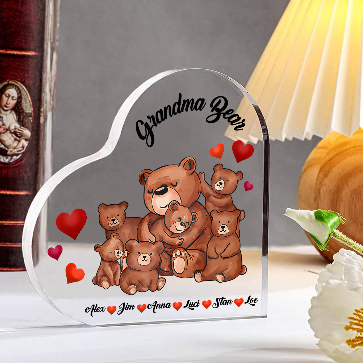 Personalised Heart-Shaped Acrylic Plaque Customizable with 6 Names and Text with Bear Design - For Nan | Jessmade