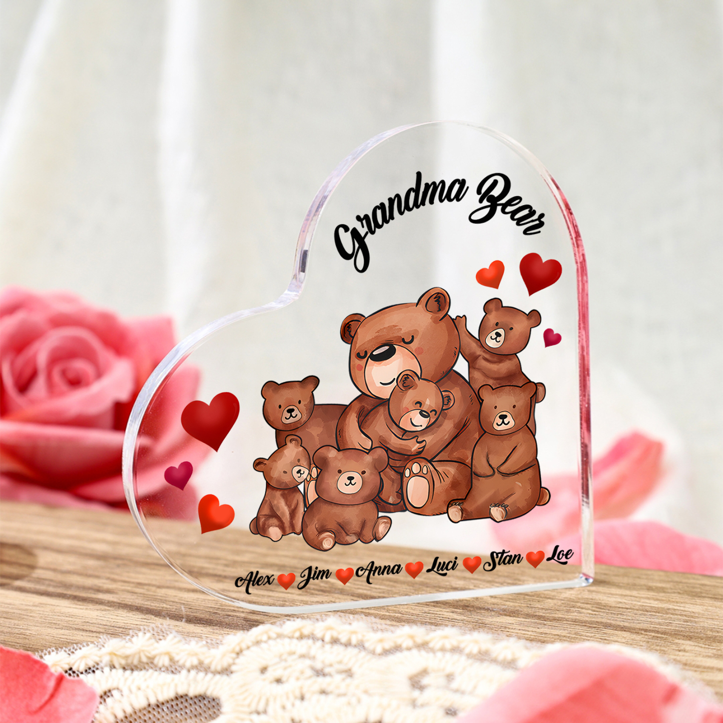 Personalised Heart-Shaped Acrylic Plaque Customizable with 6 Names and Text with Bear Design - For Nan | Jessmade