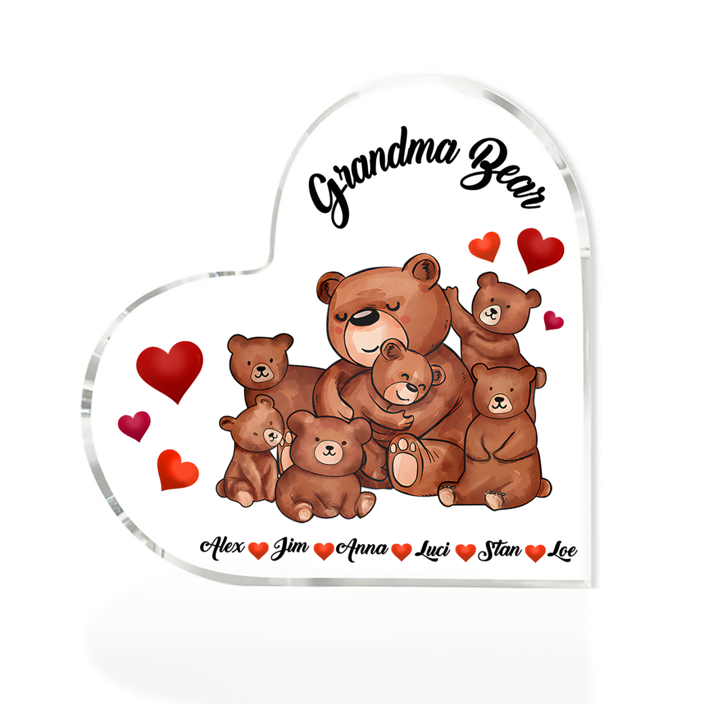 Personalised Heart-Shaped Acrylic Plaque Customizable with 6 Names and Text with Bear Design - For Nan | Jessmade