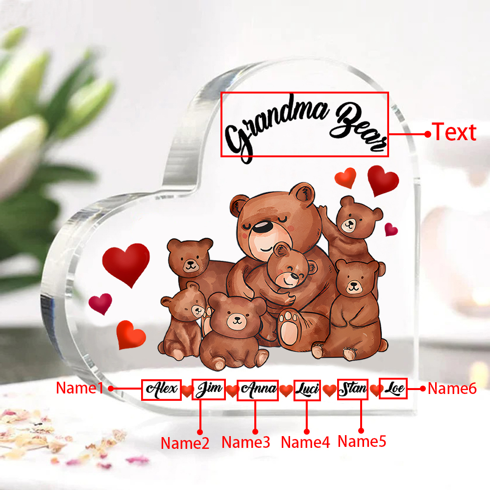 Personalised Heart-Shaped Acrylic Plaque Customizable with 6 Names and Text with Bear Design - For Nan | Jessmade