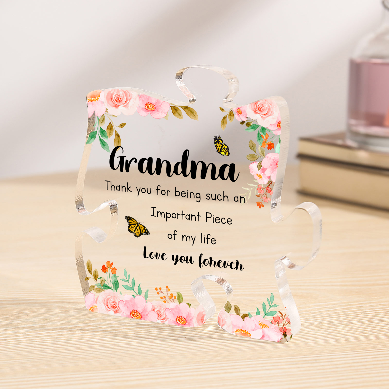 Personalized Acrylic Puzzle Piece Plaque with Custom 2 Text - Floral Design for Grandma | Jessmade