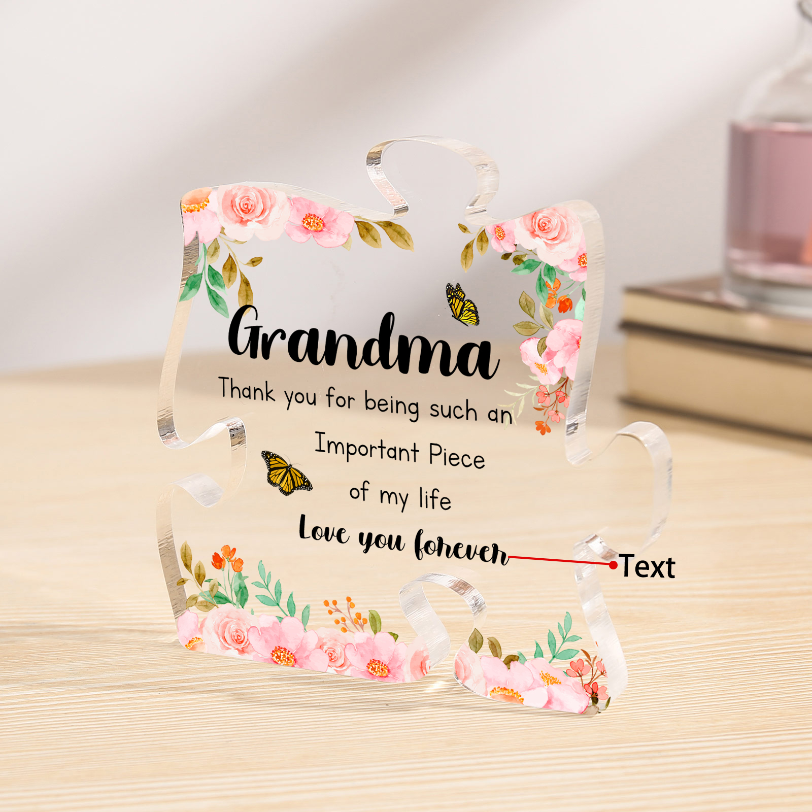 Personalized Acrylic Puzzle Piece Plaque with Custom 2 Text - Floral Design for Grandma | Jessmade