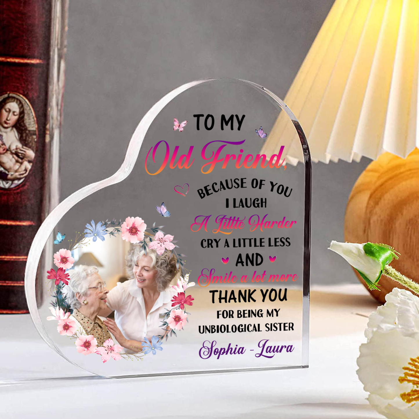 Personalized old Friend Acrylic Ornament with Custom Photo & Text Acrylic Heart Keepsake Desktop Ornament gift for best Friend | Jessemade