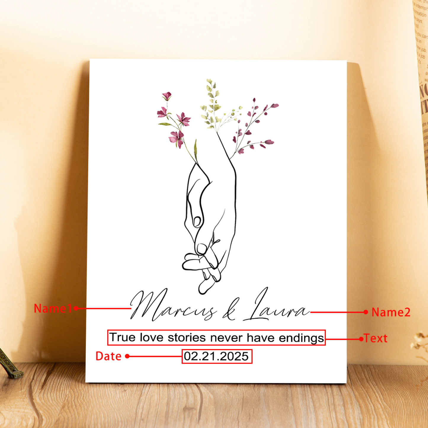 Personalised Wooden Ornament – Custom Names, Date & "True Love Stories Never Have Endings" Floral Design with Holding Hands – Valentine’s Day Gift for Her | Jessemade