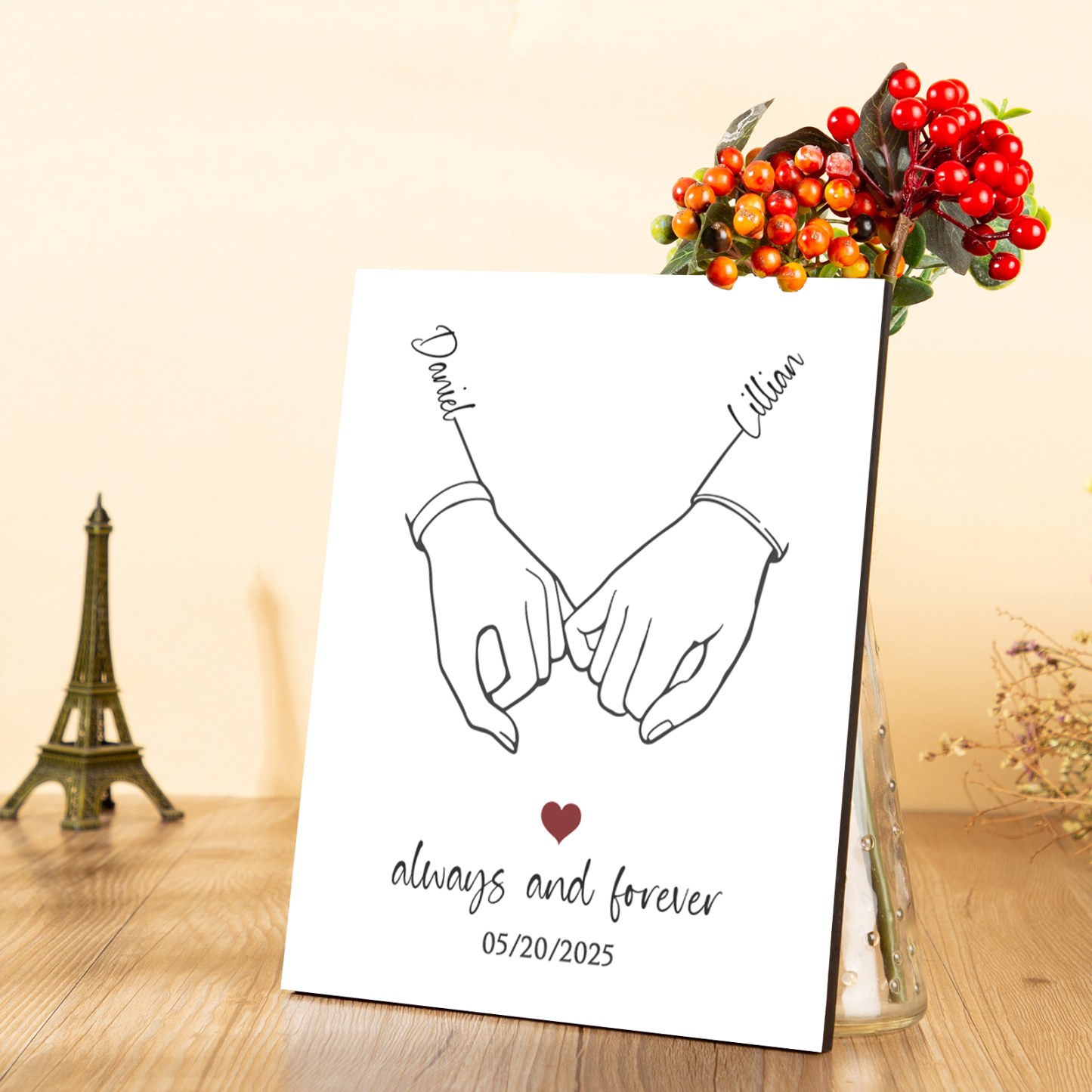 Personalised Wooden Ornament – Custom Names, Date & “Always and Forever” Design with Holding Hands – Valentine’s Day Gift for Her | Jessemade
