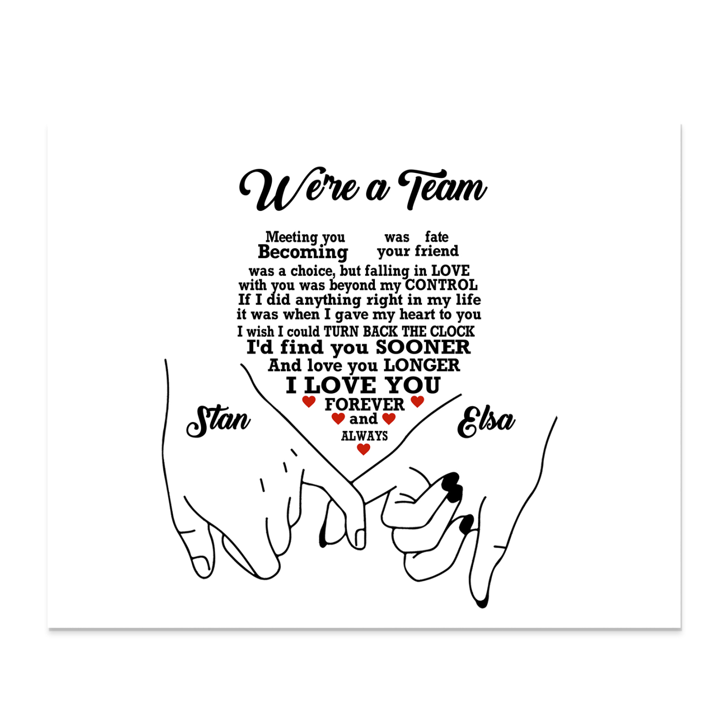 Personalised Wooden Ornament – Custom Names & “We’re a Team” Heart Design with Holding Hands – Valentine’s Day Gift for Him/Her | Jessemade