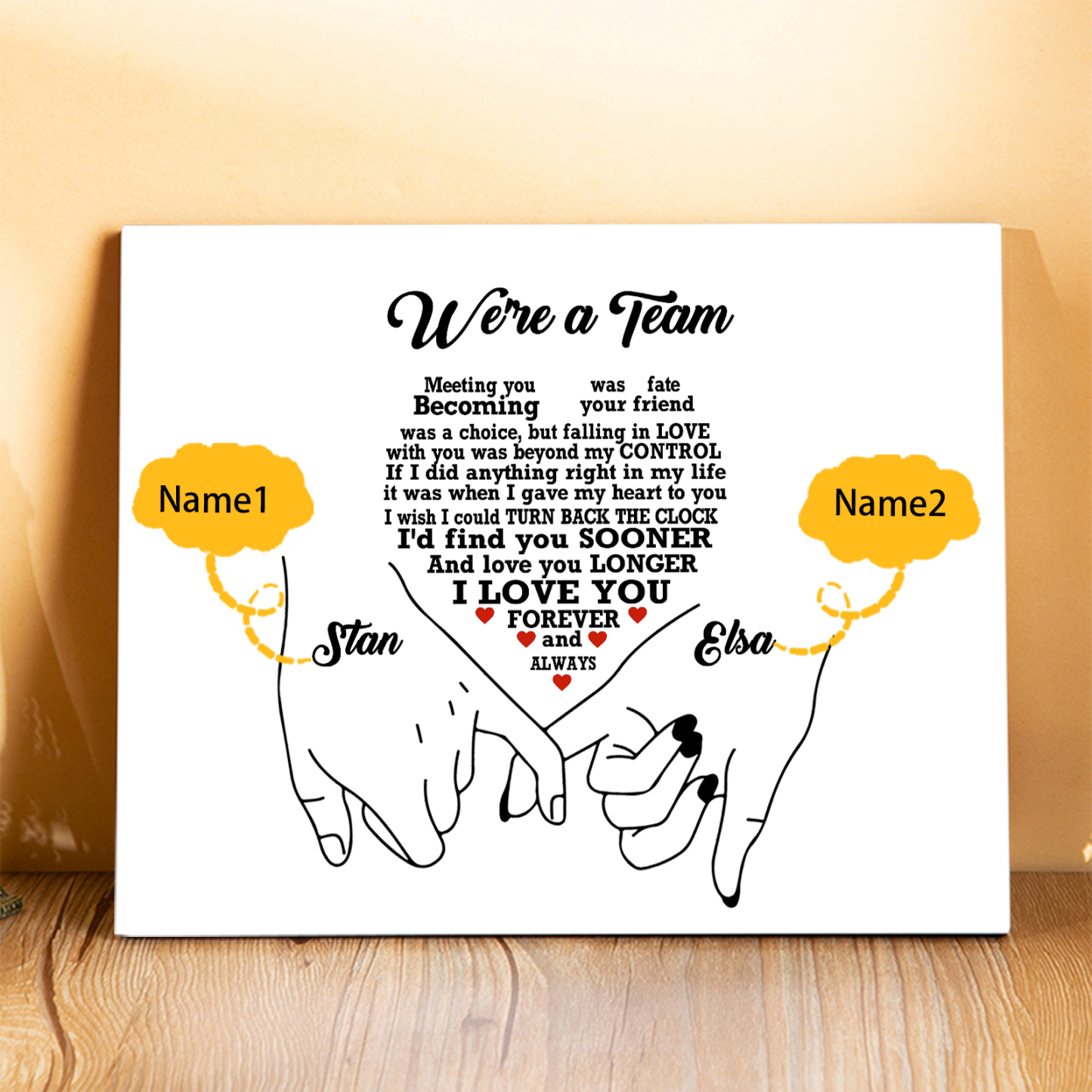 Personalised Wooden Ornament – Custom Names & “We’re a Team” Heart Design with Holding Hands – Valentine’s Day Gift for Him/Her | Jessemade