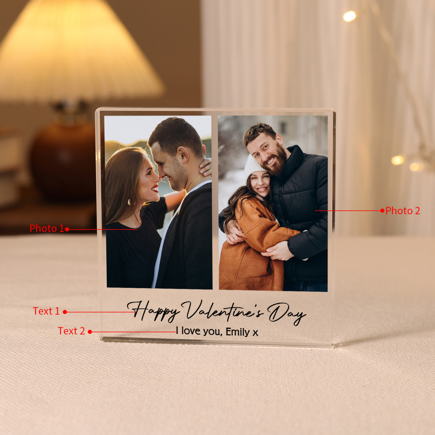 Personalised Acrylic Ornament – Custom 2 Photos & “Happy Valentine’s Day” Design with Romantic Text – Valentine’s Day Gift for Her | Jessemade