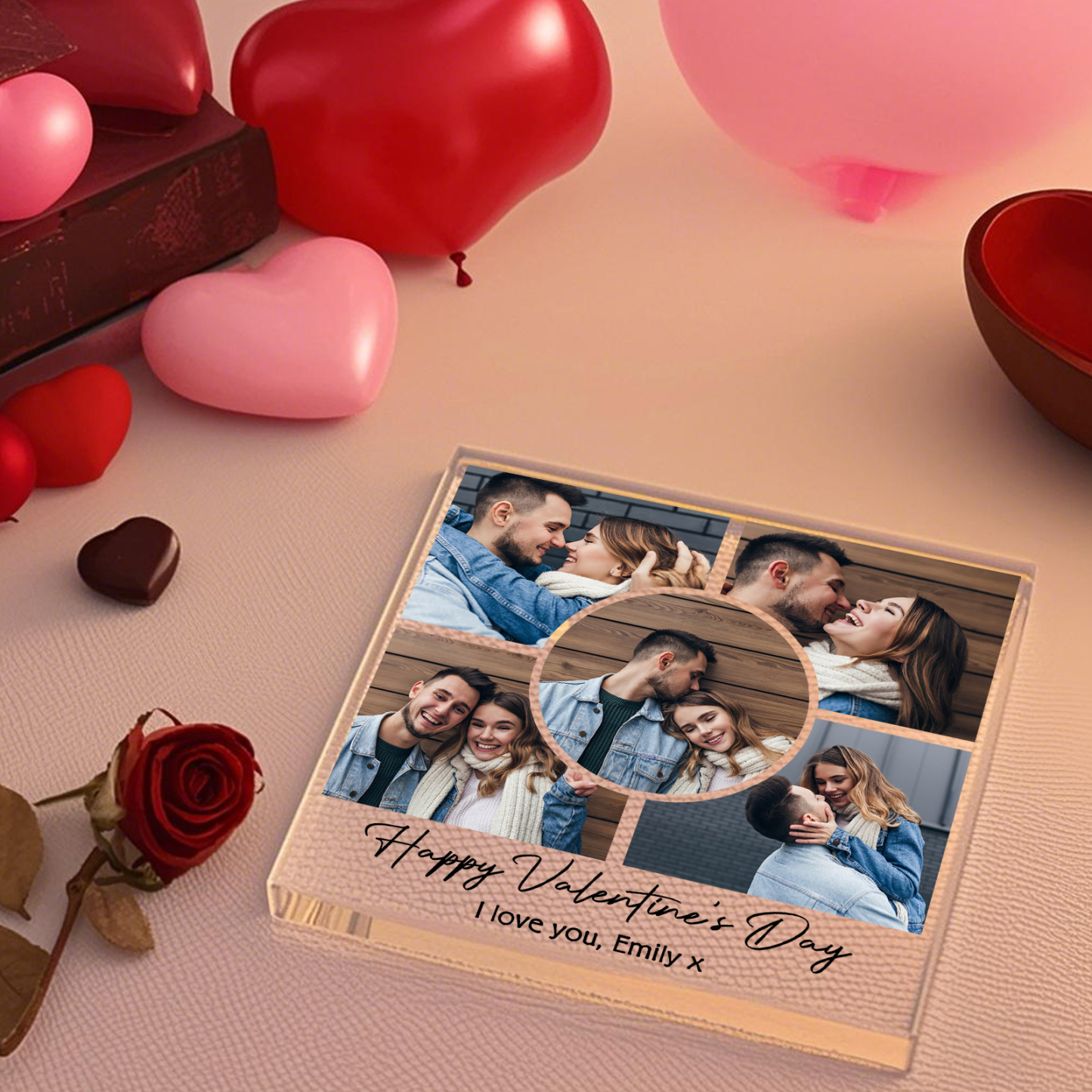 Personalised Acrylic Ornament – Custom 5 Photos & “Happy Valentine’s Day” Design with Romantic Text – Valentine’s Day Gift for Her | Jessemade