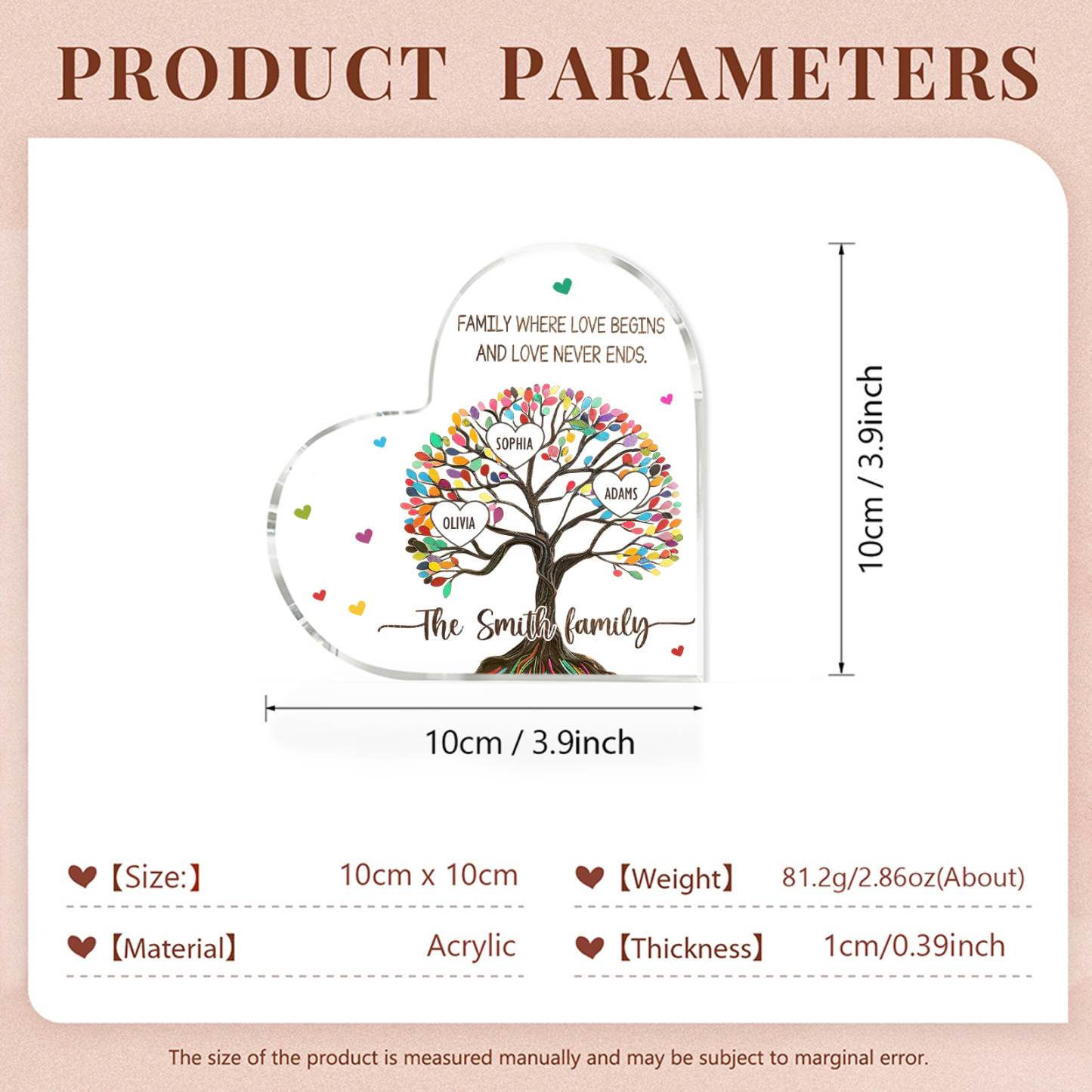 Personalized Family Tree of Life Acrylic Heart Plaque – with 3 Names & 2 Texts - Mother’s Day Gift