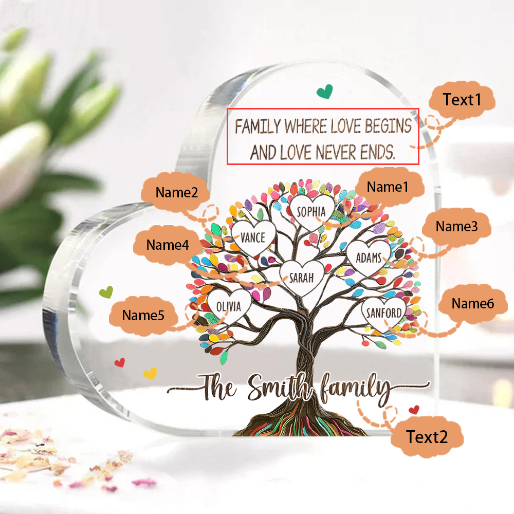 Personalized Family Tree of Life Acrylic Heart Plaque – with 6 Names & 2 Texts - Mother’s Day Gift