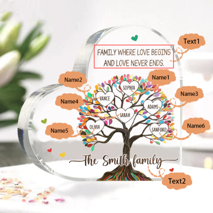 Personalized Family Tree of Life Acrylic Heart Plaque – with 6 Names & 2 Texts - Mother’s Day Gift