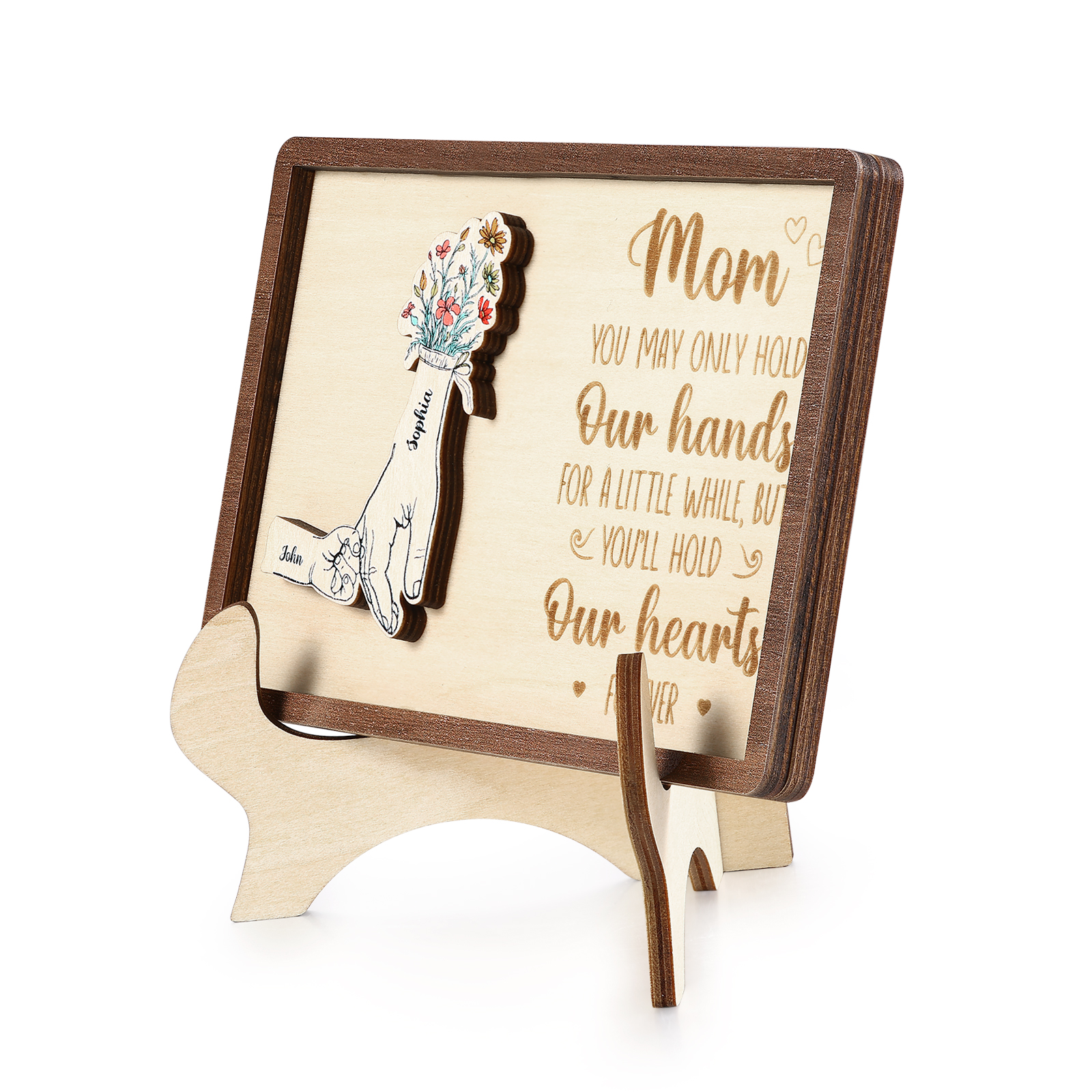 Hand-in-Hand Custom Wooden Plaque for Mom - Personalized Mother's Day Wooden Plaque