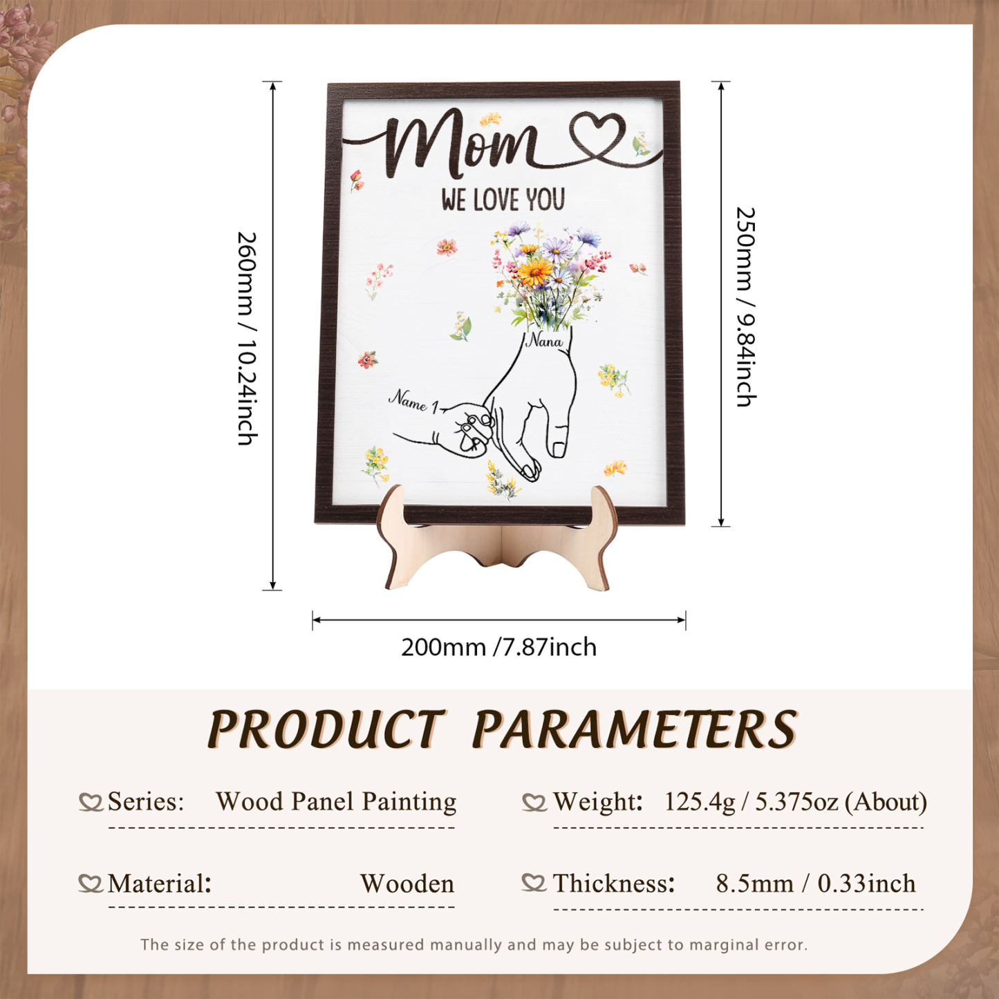 1 Name - Personalized Hand-in-Hand Wooden Plaque for Mom - Customize with Names & Text - Mother’s Day Gift