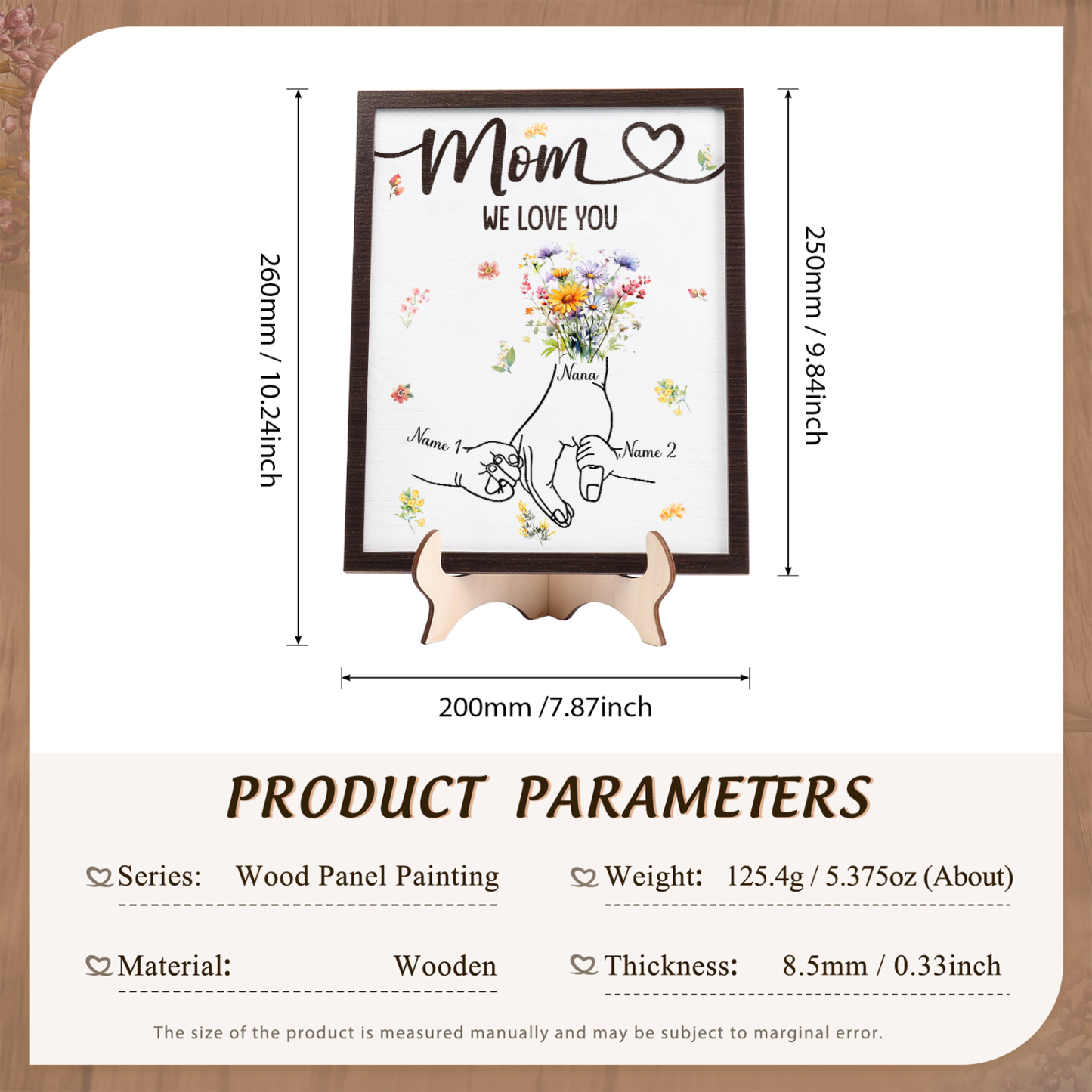 2 Names - Personalized Hand-in-Hand Wooden Plaque for Mom - Customize with Names & Text - Mother’s Day Gift