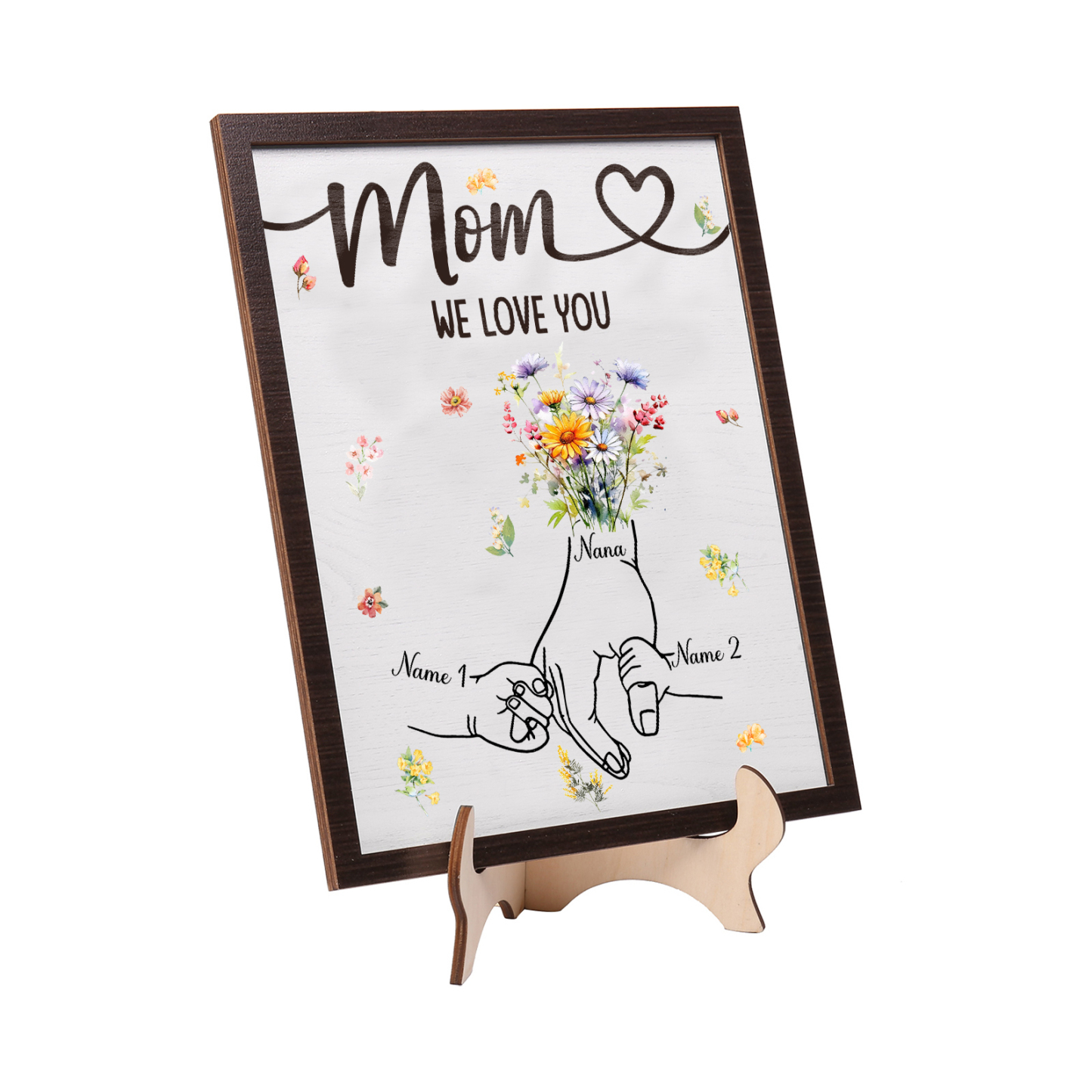 2 Names - Personalized Hand-in-Hand Wooden Plaque for Mom - Customize with Names & Text - Mother’s Day Gift