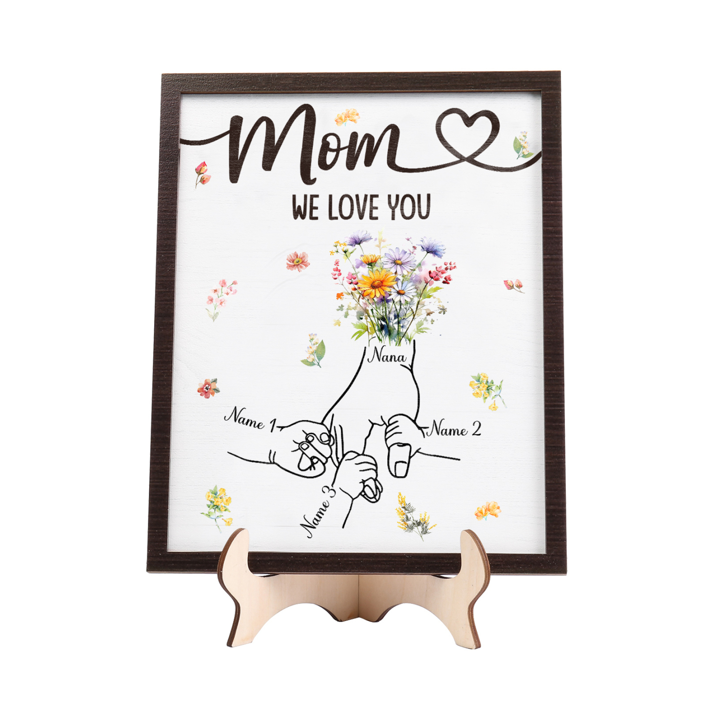 3 Names - Personalized Hand-in-Hand Wooden Plaque for Mom - Customize with Names & Text - Mother’s Day Gift