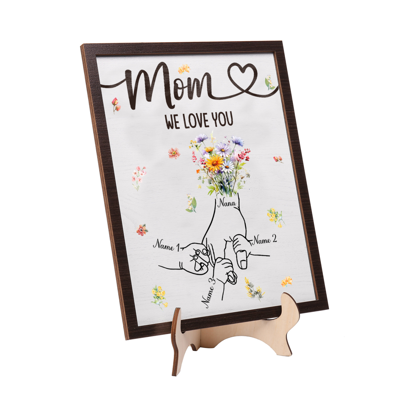 3 Names - Personalized Hand-in-Hand Wooden Plaque for Mom - Customize with Names & Text - Mother’s Day Gift