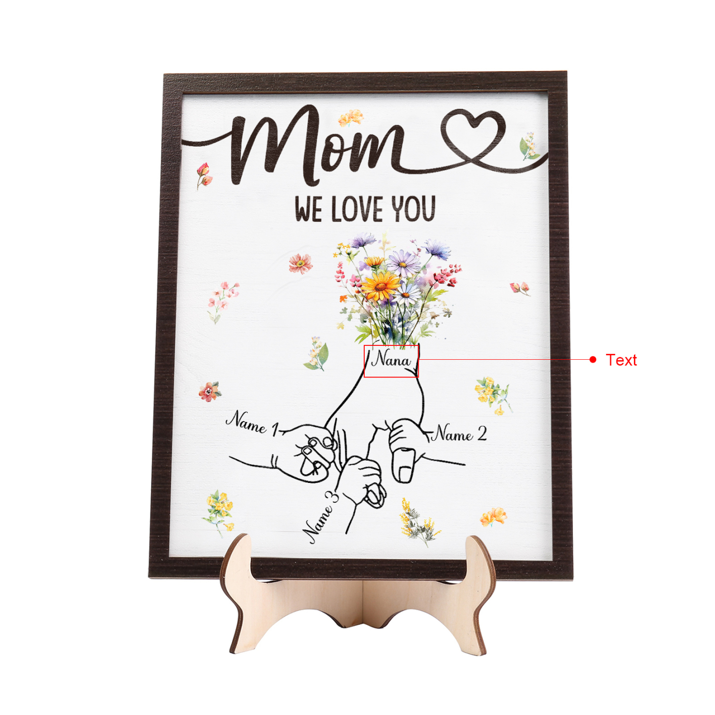 3 Names - Personalized Hand-in-Hand Wooden Plaque for Mom - Customize with Names & Text - Mother’s Day Gift