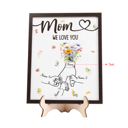 3 Names - Personalized Hand-in-Hand Wooden Plaque for Mom - Customize with Names & Text - Mother’s Day Gift