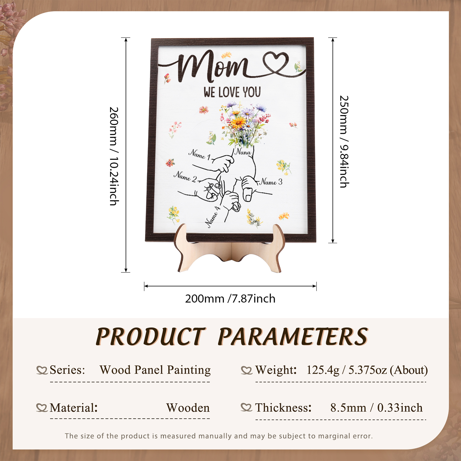 4 Names - Personalized Hand-in-Hand Wooden Plaque for Mom - Customize with Names & Text - Mother’s Day Gift