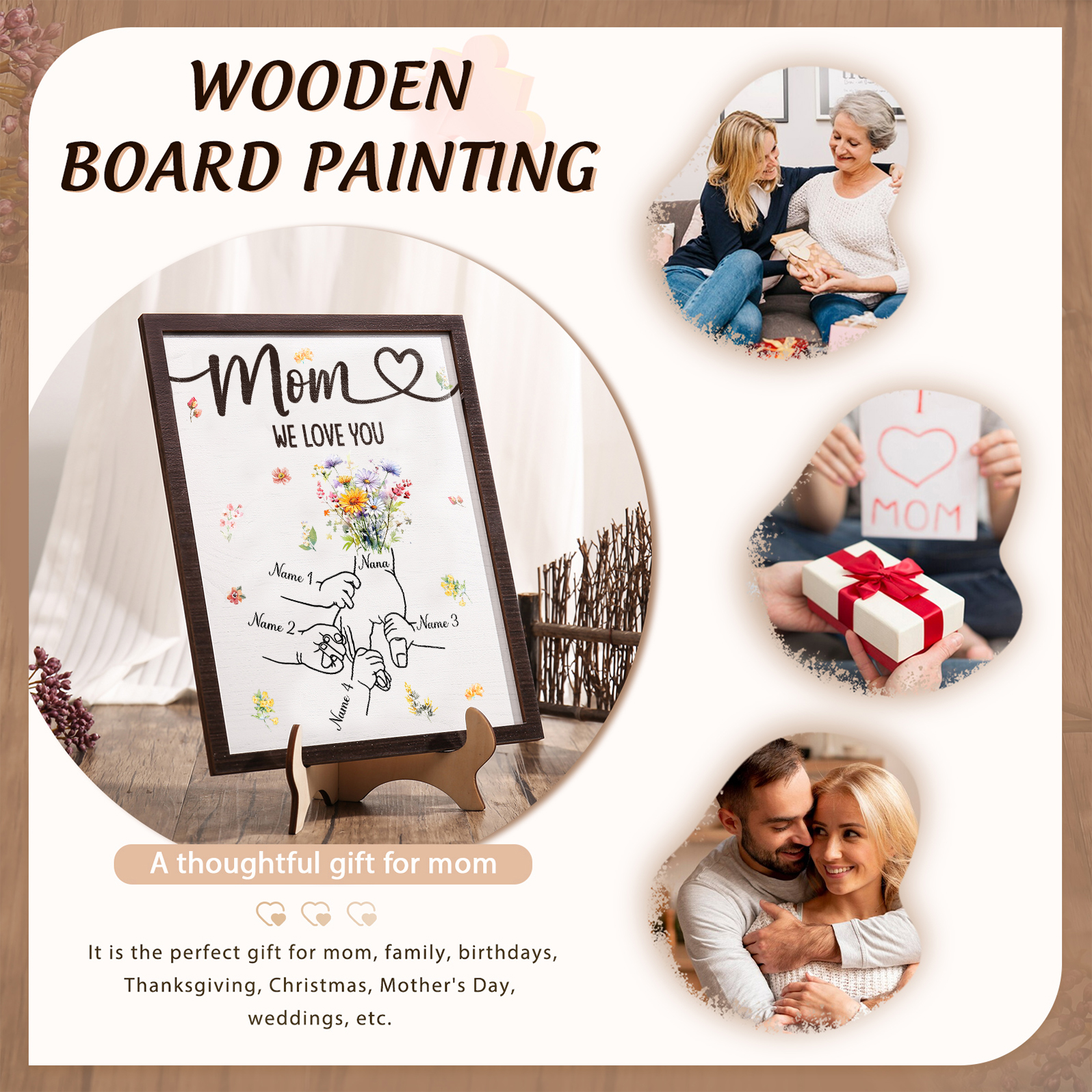 4 Names - Personalized Hand-in-Hand Wooden Plaque for Mom - Customize with Names & Text - Mother’s Day Gift
