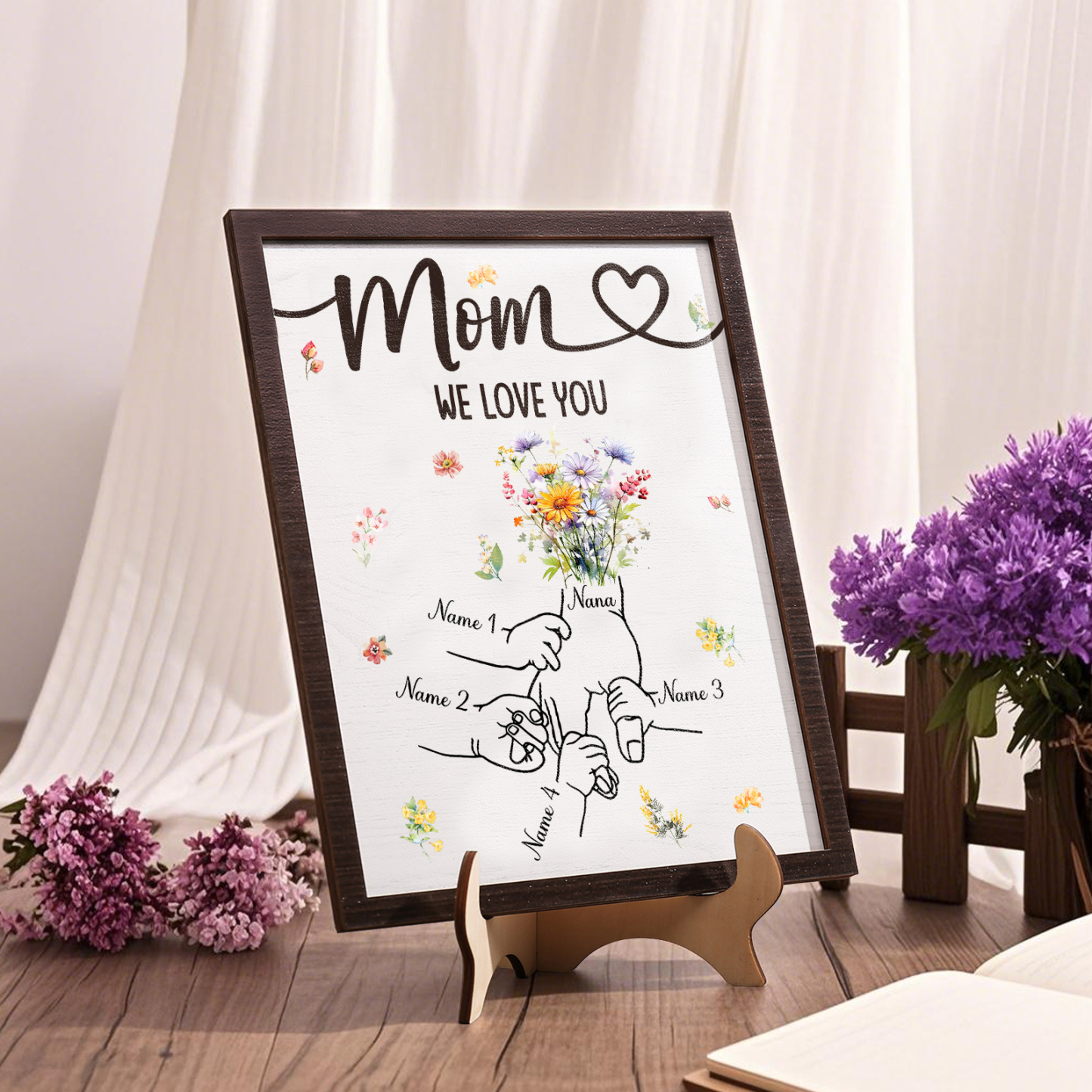 4 Names - Personalized Hand-in-Hand Wooden Plaque for Mom - Customize with Names & Text - Mother’s Day Gift
