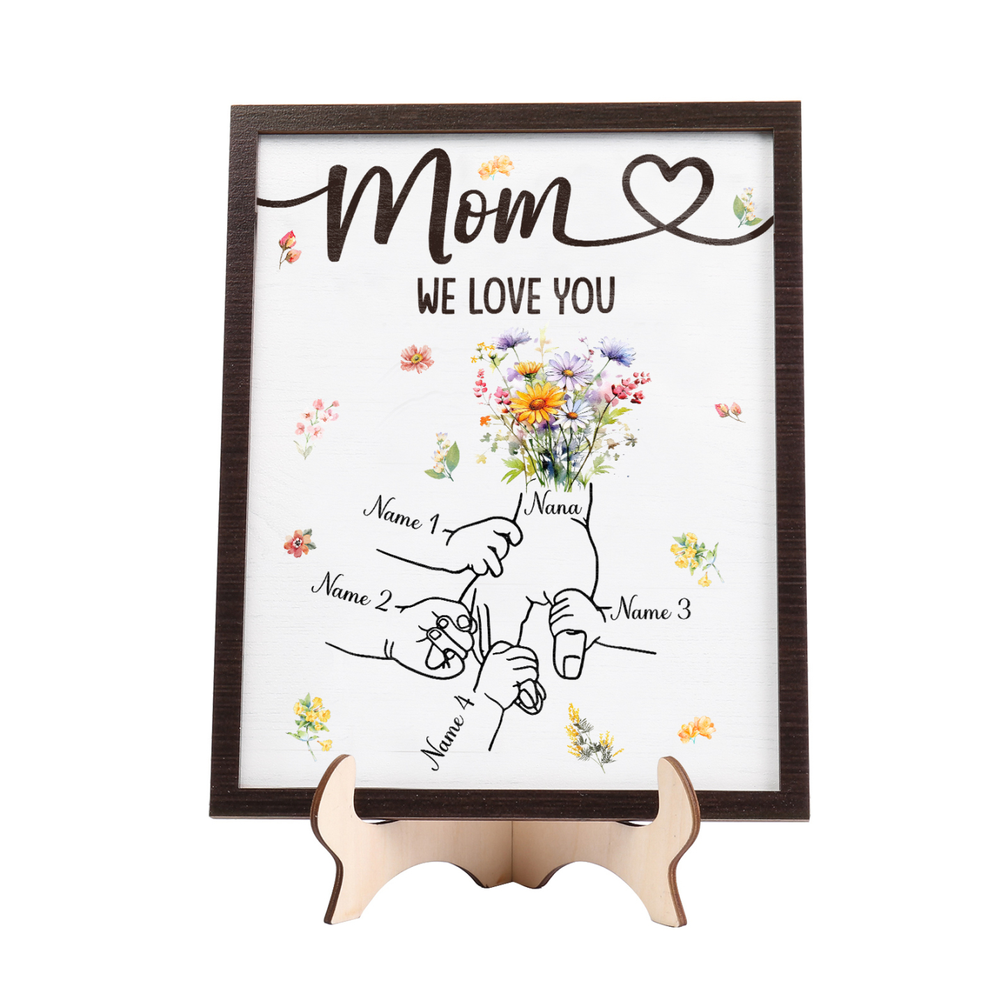 4 Names - Personalized Hand-in-Hand Wooden Plaque for Mom - Customize with Names & Text - Mother’s Day Gift