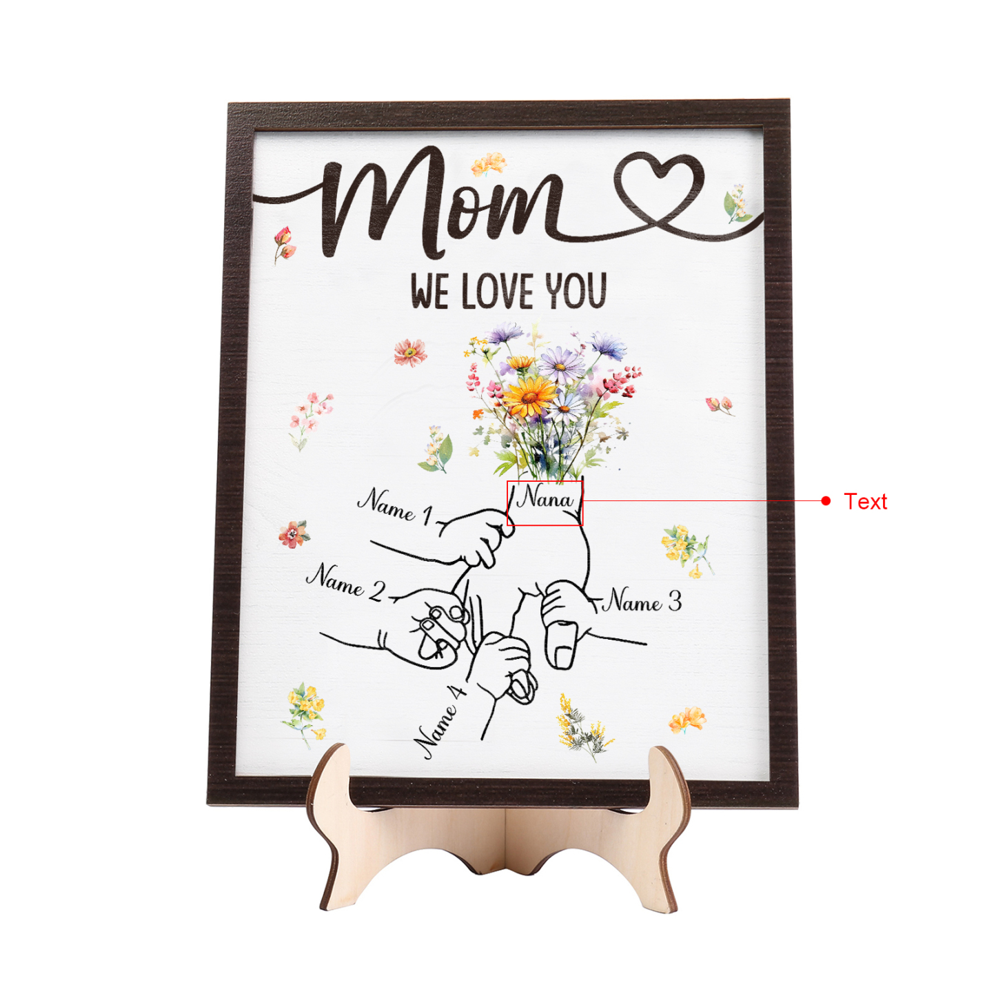 4 Names - Personalized Hand-in-Hand Wooden Plaque for Mom - Customize with Names & Text - Mother’s Day Gift