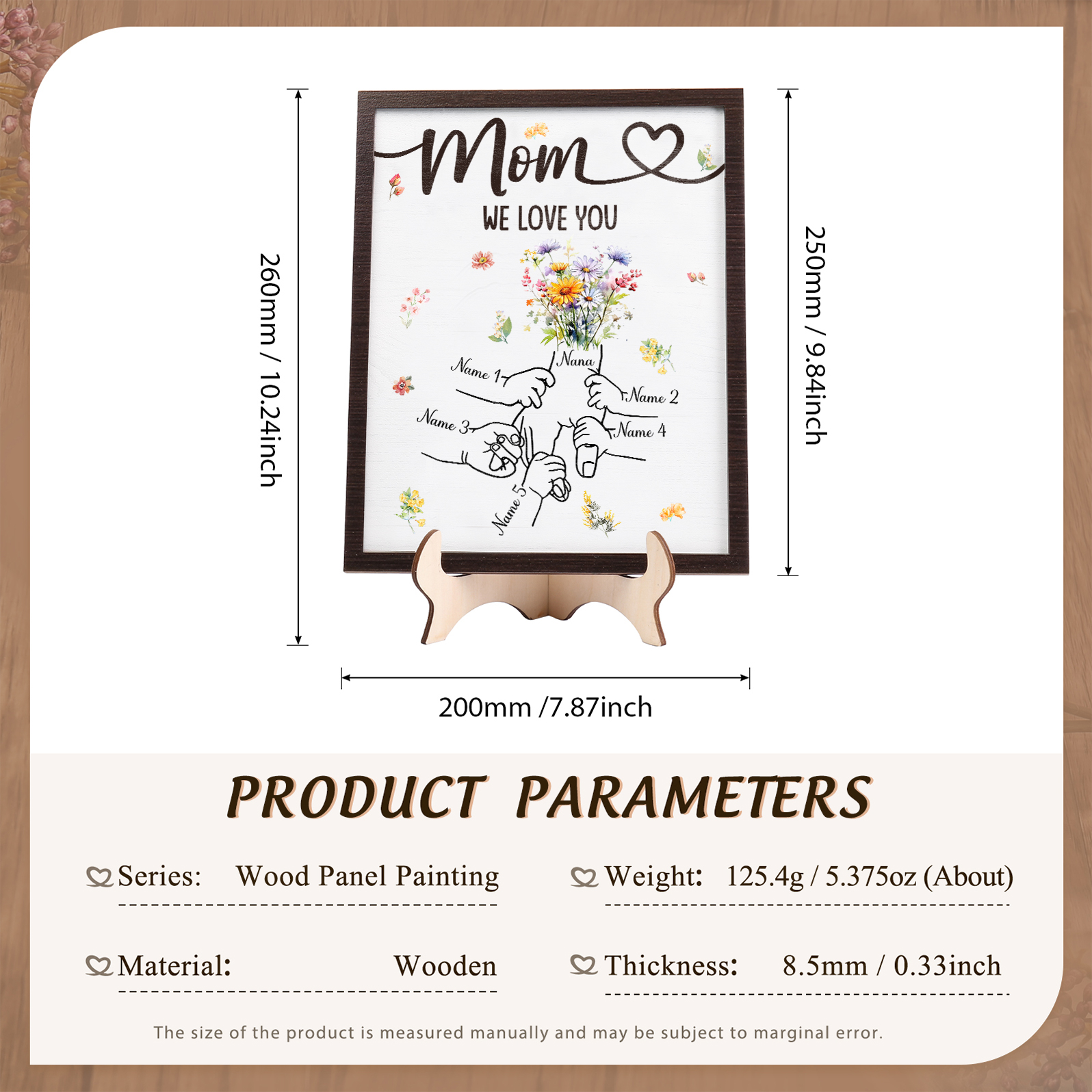 5 Names - Personalized Hand-in-Hand Wooden Plaque for Mom - Customize with Names & Text - Mother’s Day Gift