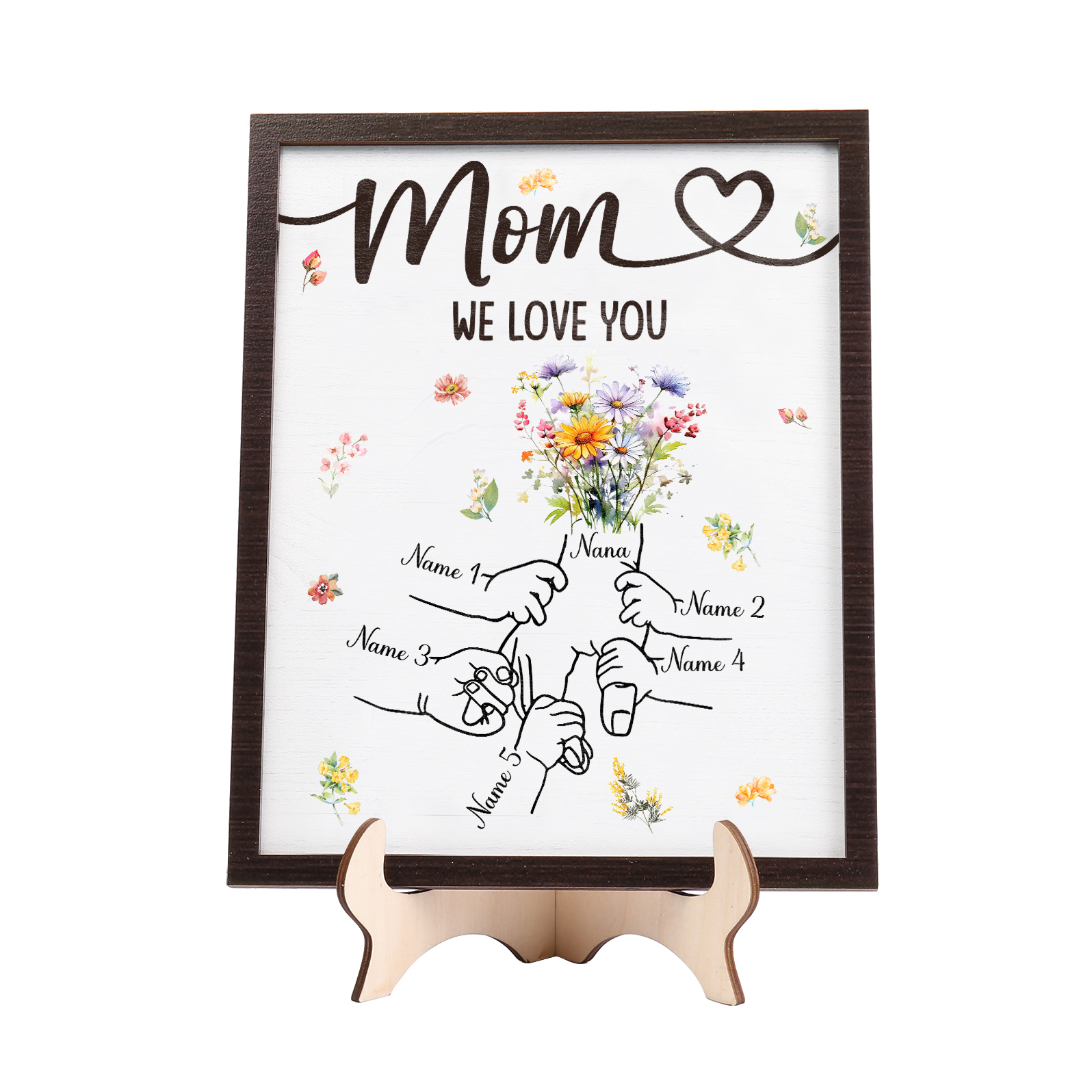 5 Names - Personalized Hand-in-Hand Wooden Plaque for Mom - Customize with Names & Text - Mother’s Day Gift