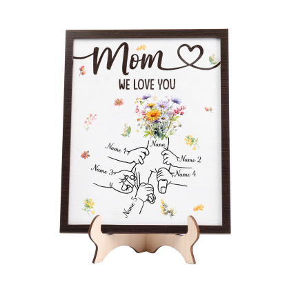 5 Names - Personalized Hand-in-Hand Wooden Plaque for Mom - Customize with Names & Text - Mother’s Day Gift