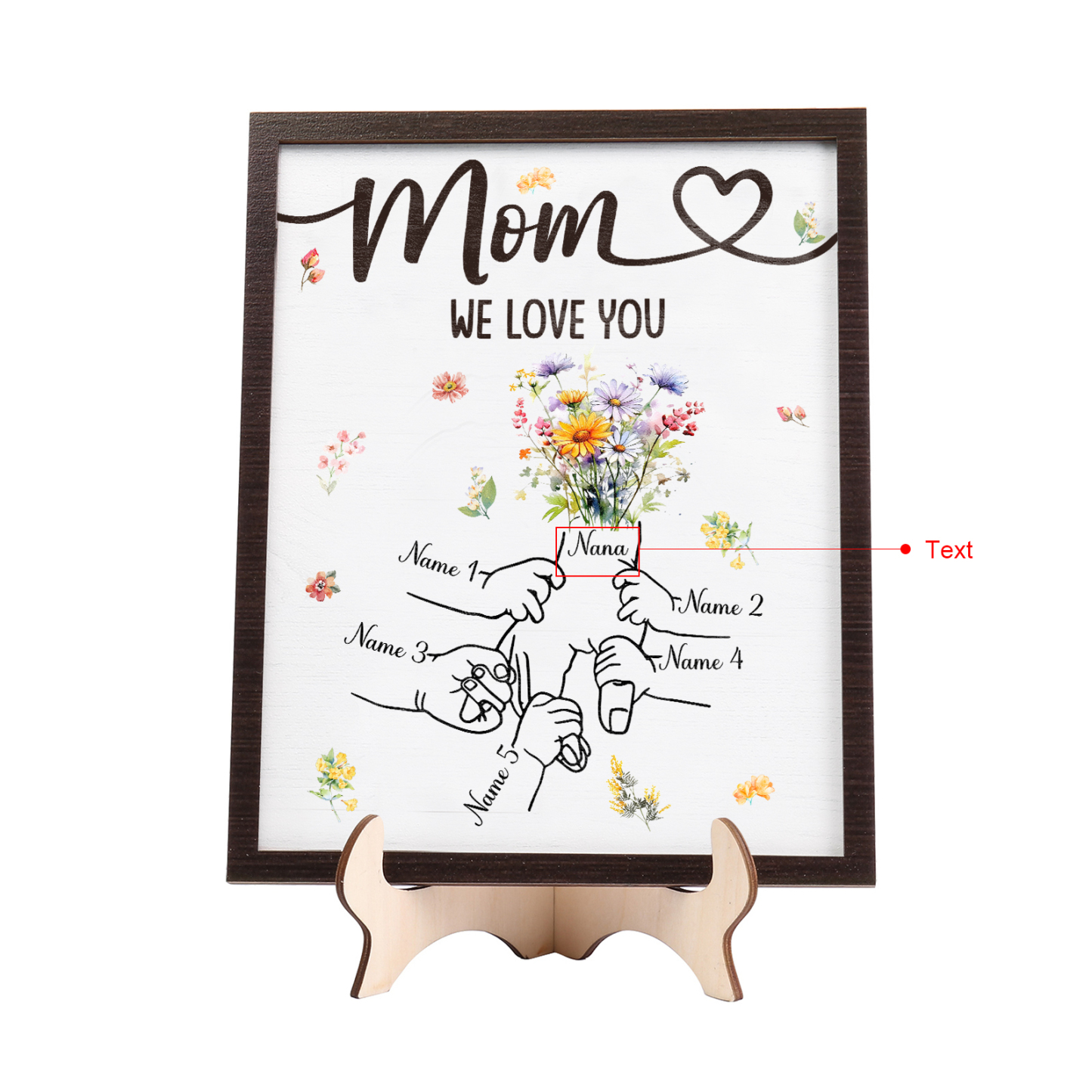 5 Names - Personalized Hand-in-Hand Wooden Plaque for Mom - Customize with Names & Text - Mother’s Day Gift