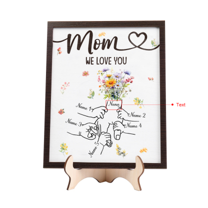 5 Names - Personalized Hand-in-Hand Wooden Plaque for Mom - Customize with Names & Text - Mother’s Day Gift