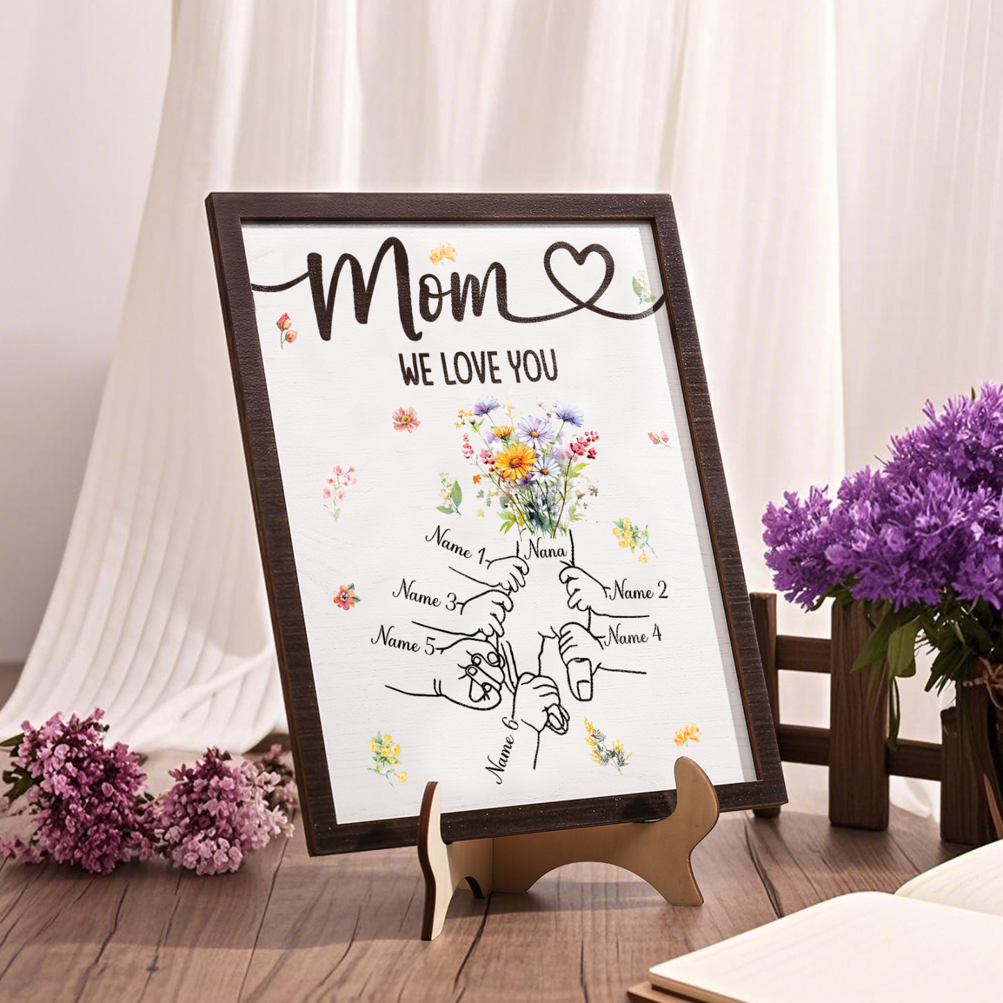 6 Names - Personalized Hand-in-Hand Wooden Plaque for Mom - Customize with Names & Text - Mother’s Day Gift