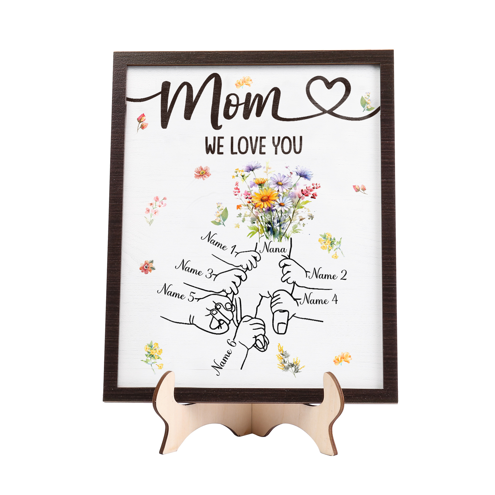 6 Names - Personalized Hand-in-Hand Wooden Plaque for Mom - Customize with Names & Text - Mother’s Day Gift