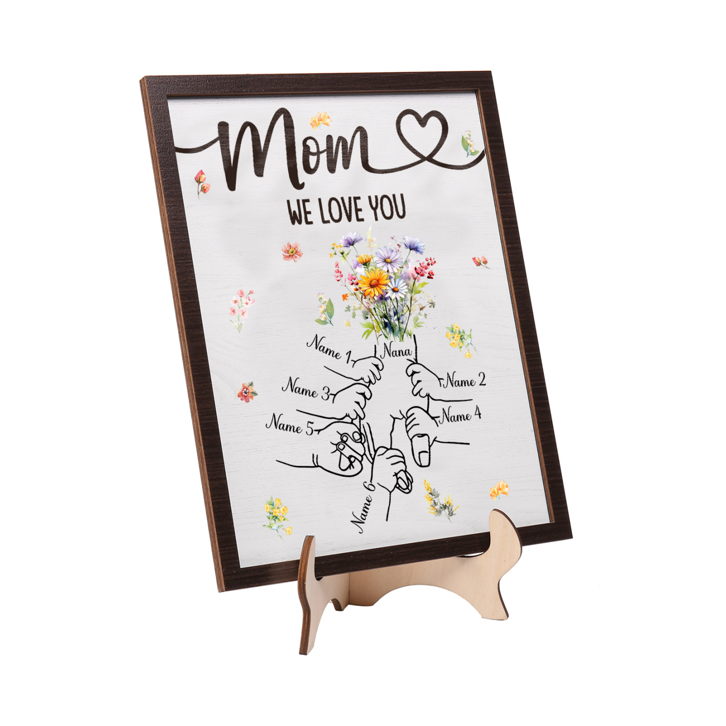6 Names - Personalized Hand-in-Hand Wooden Plaque for Mom - Customize with Names & Text - Mother’s Day Gift