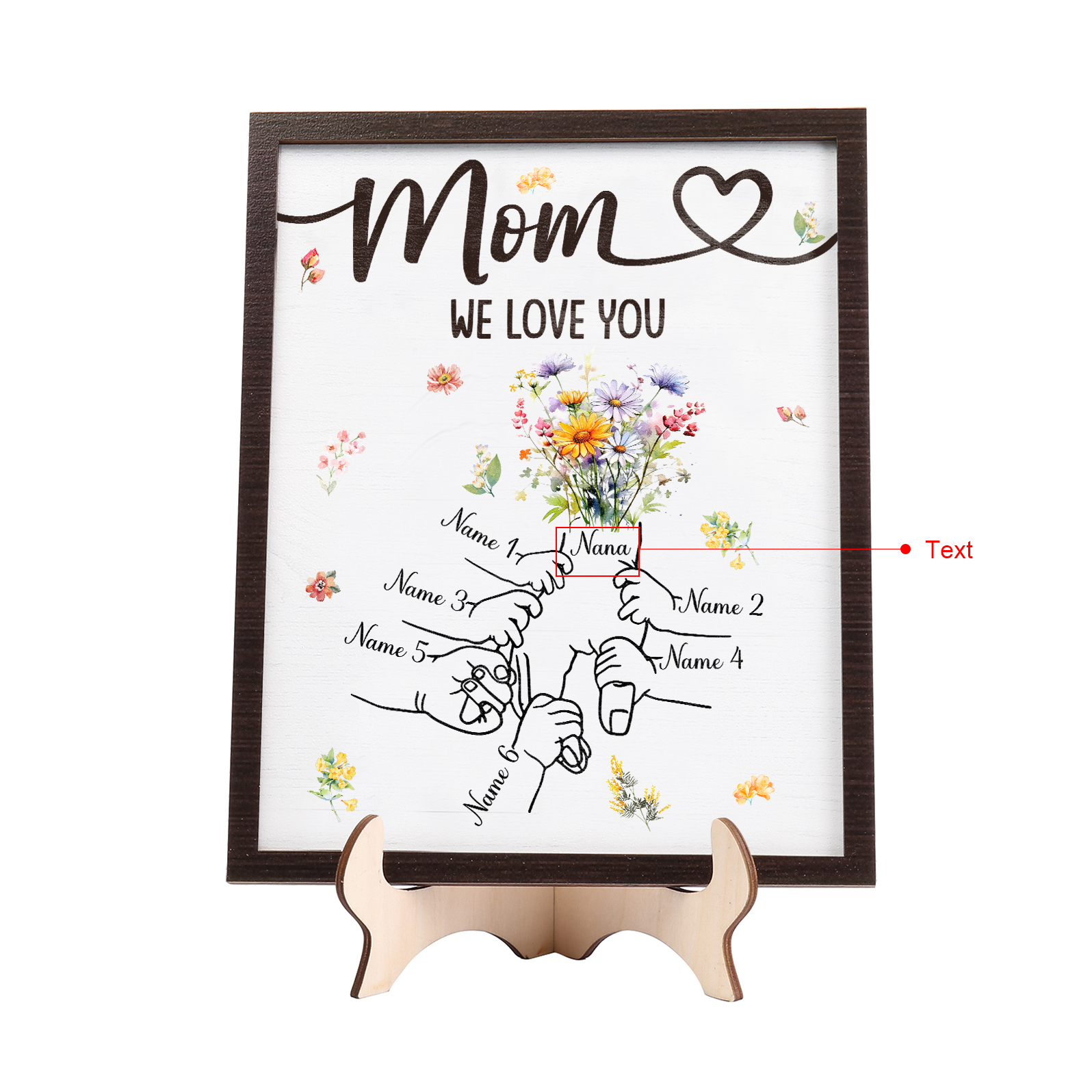 6 Names - Personalized Hand-in-Hand Wooden Plaque for Mom - Customize with Names & Text - Mother’s Day Gift